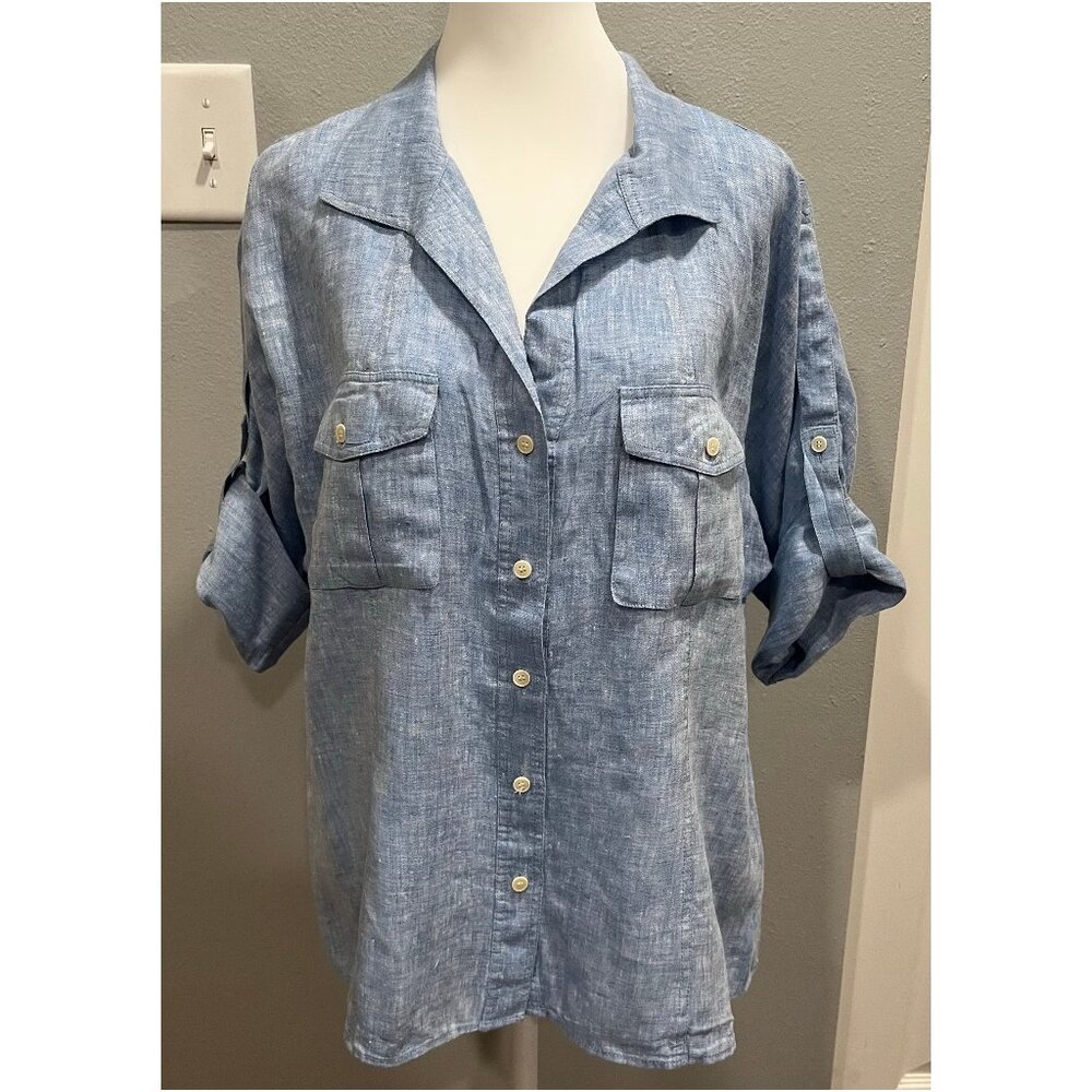 NWOT LAFAYETTE 148 Button Down Shirt, Blue, Roll Tab Sleeve, 100% Linen, Size 14